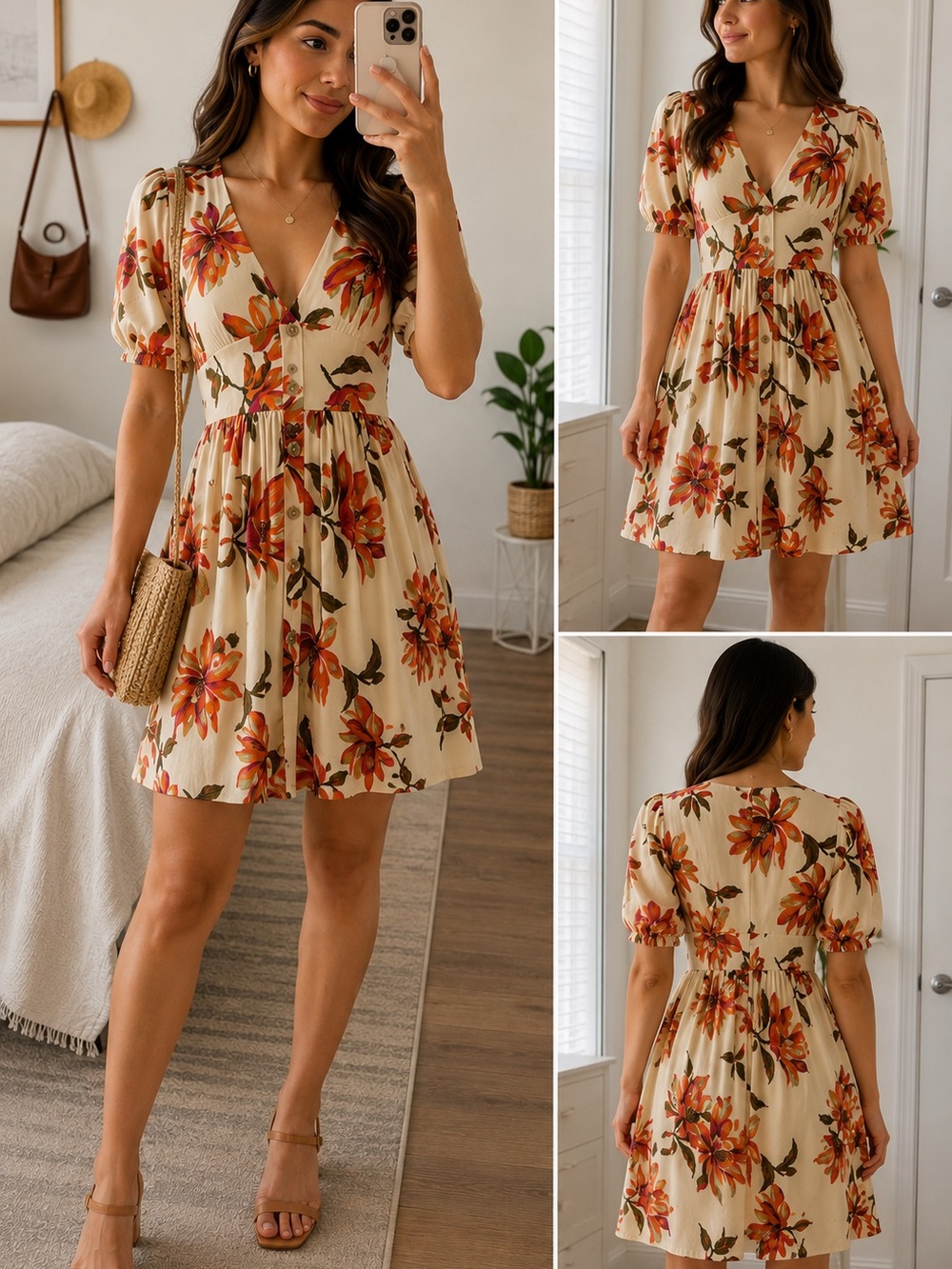 New Uptown USA cream floral mini dress V-neck button from boho cottagecore Small